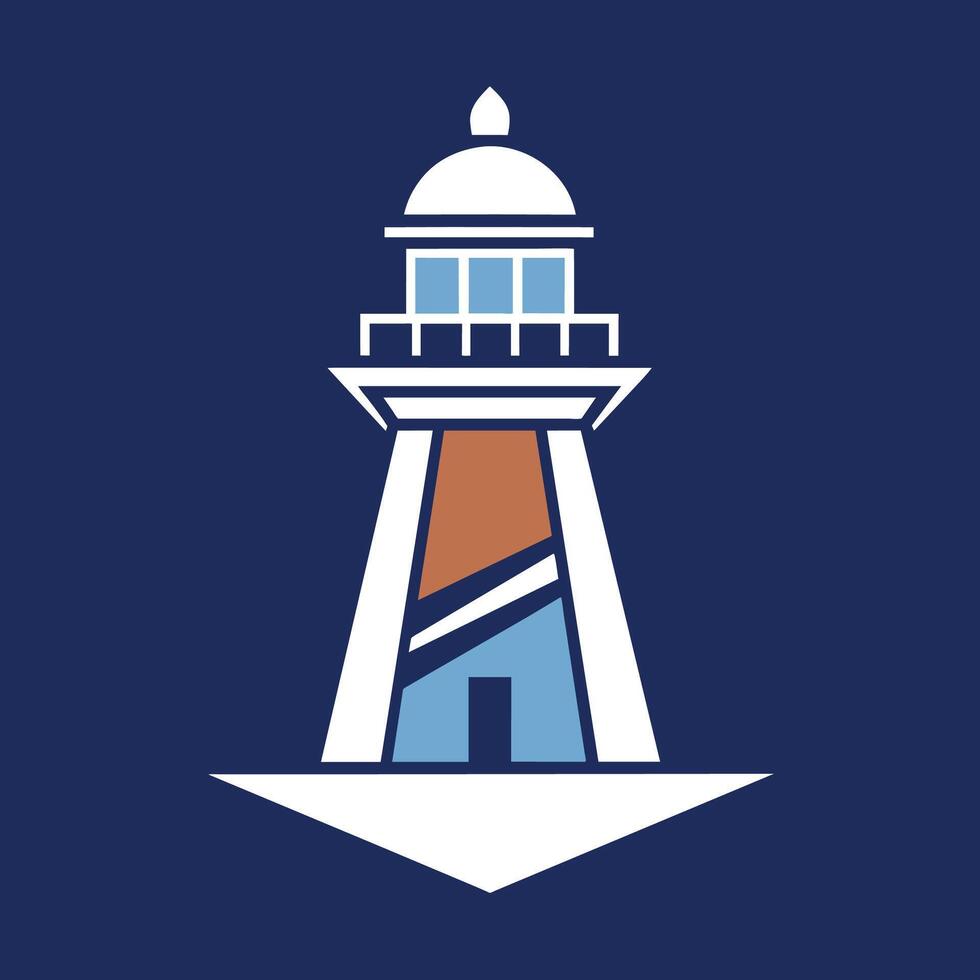 een vuurtoren met een vlag Aan top staat hoog tegen de backdrop van de oceaan, een logo met een gestileerde interpretatie van een vuurtoren vector