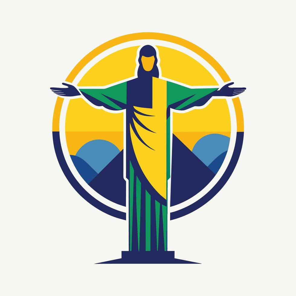 standbeeld van Jezus Christus staand hoog met bergen in de achtergrond, een modern twist Aan de Christus de Verlosser standbeeld in Rio de Janeiro vector
