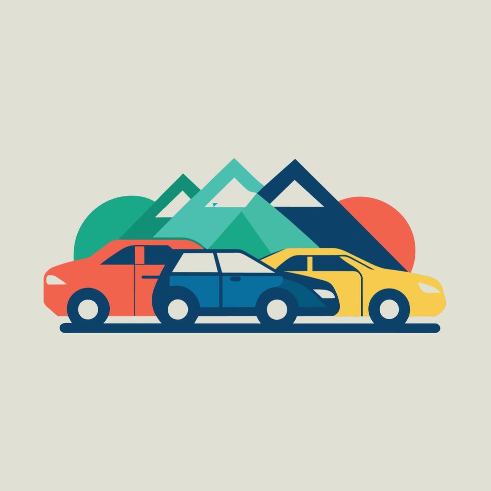 een paar- van auto's geparkeerd aangrenzend in een parkeren kavel, een abstract vertegenwoordiging van verhuur auto's in een minimalistische kleur palet vector