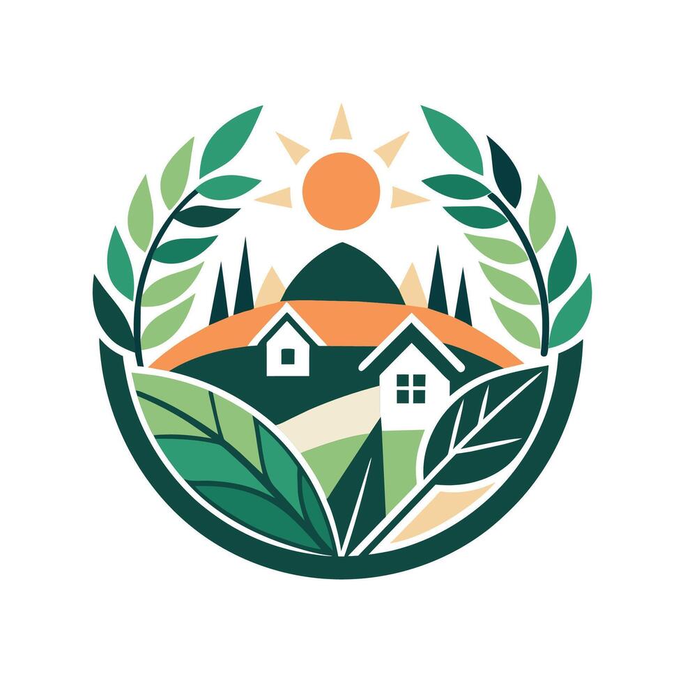 een modern huis staat te midden van weelderig groen bladeren onder een helder zon, een modern logo ontwerp incorporeren elementen van natuur en huiselijkheid vector