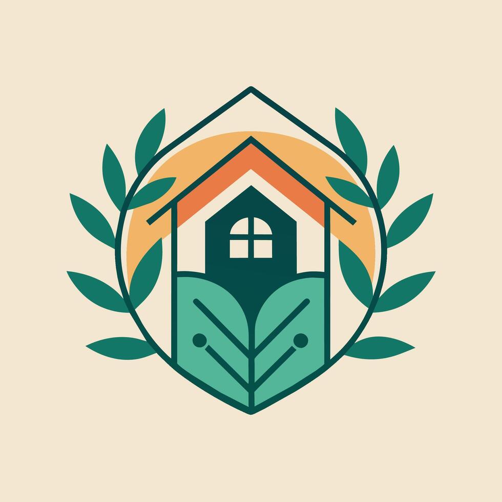 een huis ingesloten door een ring van bladeren met een ander huis in de centrum, een minimalistische embleem vastleggen de essence van huis en tuin esthetiek vector