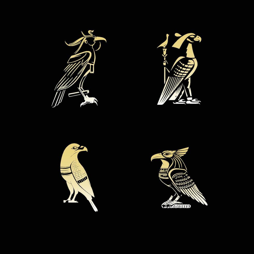 Egyptische god horus logo icoon ontwerp sjabloon. verzameling van afbeeldingen van de heilig Egyptische valk vogel. dier en menselijk. elegant luxe goud vlak vector