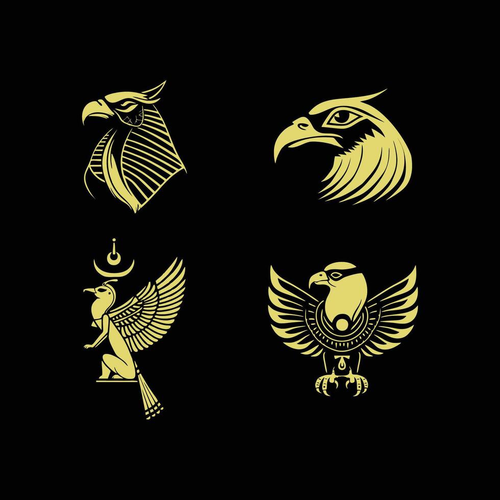 Egyptische god horus logo icoon ontwerp sjabloon. verzameling van afbeeldingen van de heilig Egyptische valk vogel. dier en menselijk. elegant luxe goud vlak vector