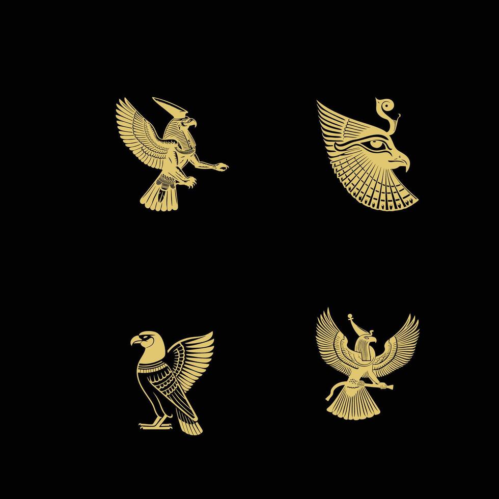 Egyptische god horus logo icoon ontwerp sjabloon. verzameling van afbeeldingen van de heilig Egyptische valk vogel. dier en menselijk. elegant luxe goud vlak vector