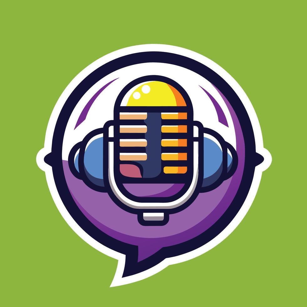 een microfoon met een toespraak bubbel symboliseert communicatie en podcasten, bubbel babbelen podcast logo vector