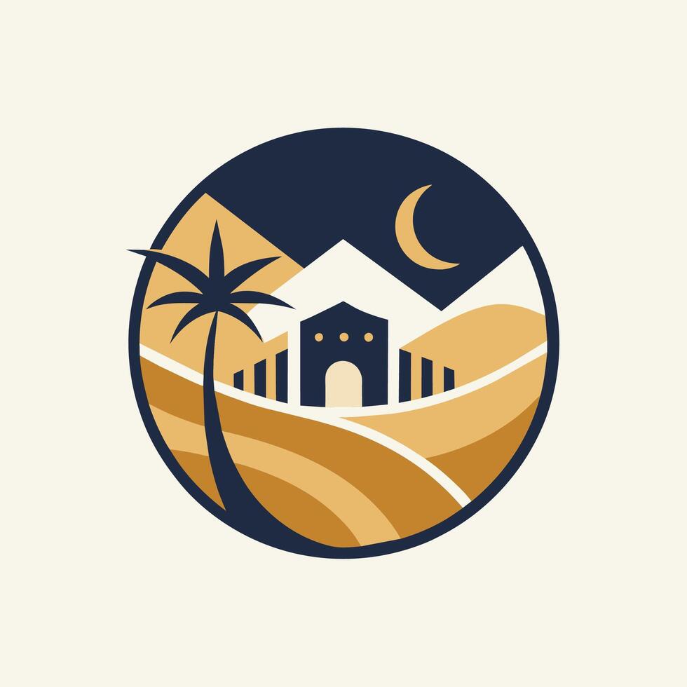 een eenzaam palm boom staat naast een huis in de midden- van een woestijn landschap, ontwerp een minimalistische logo voor een woestijn toevlucht met een tintje van elegantie vector