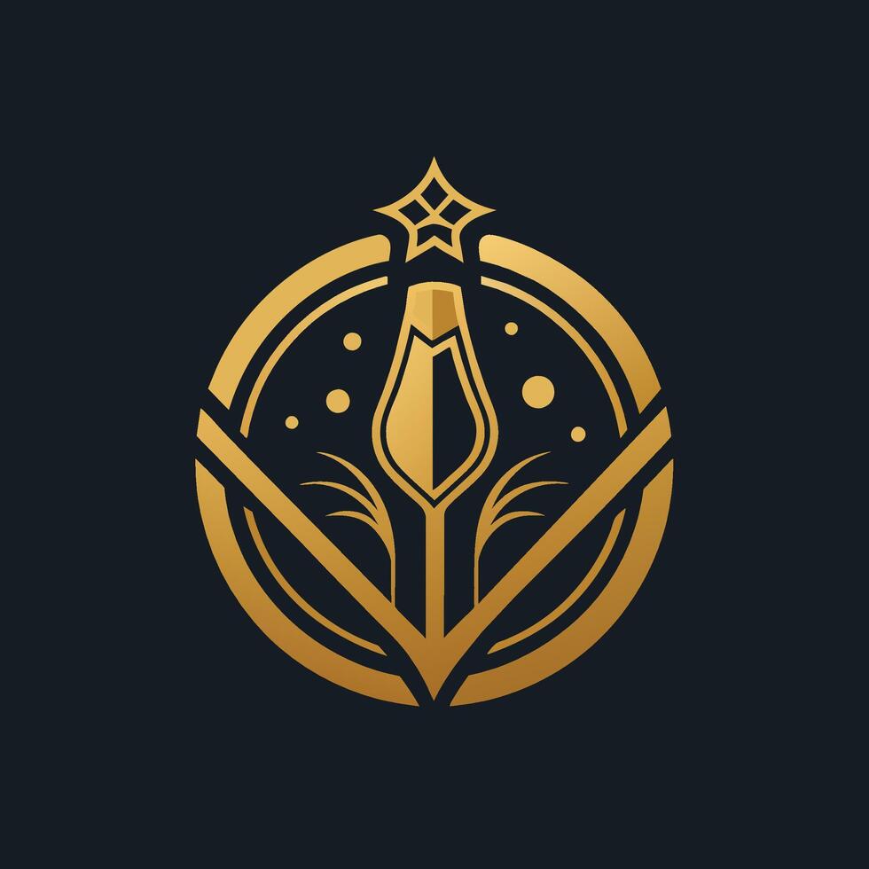 een pen en een bloem geregeld in een cirkel Aan een donker achtergrond, ambacht een gemakkelijk en geavanceerde logo voor een prestigieus Champagne merk vector