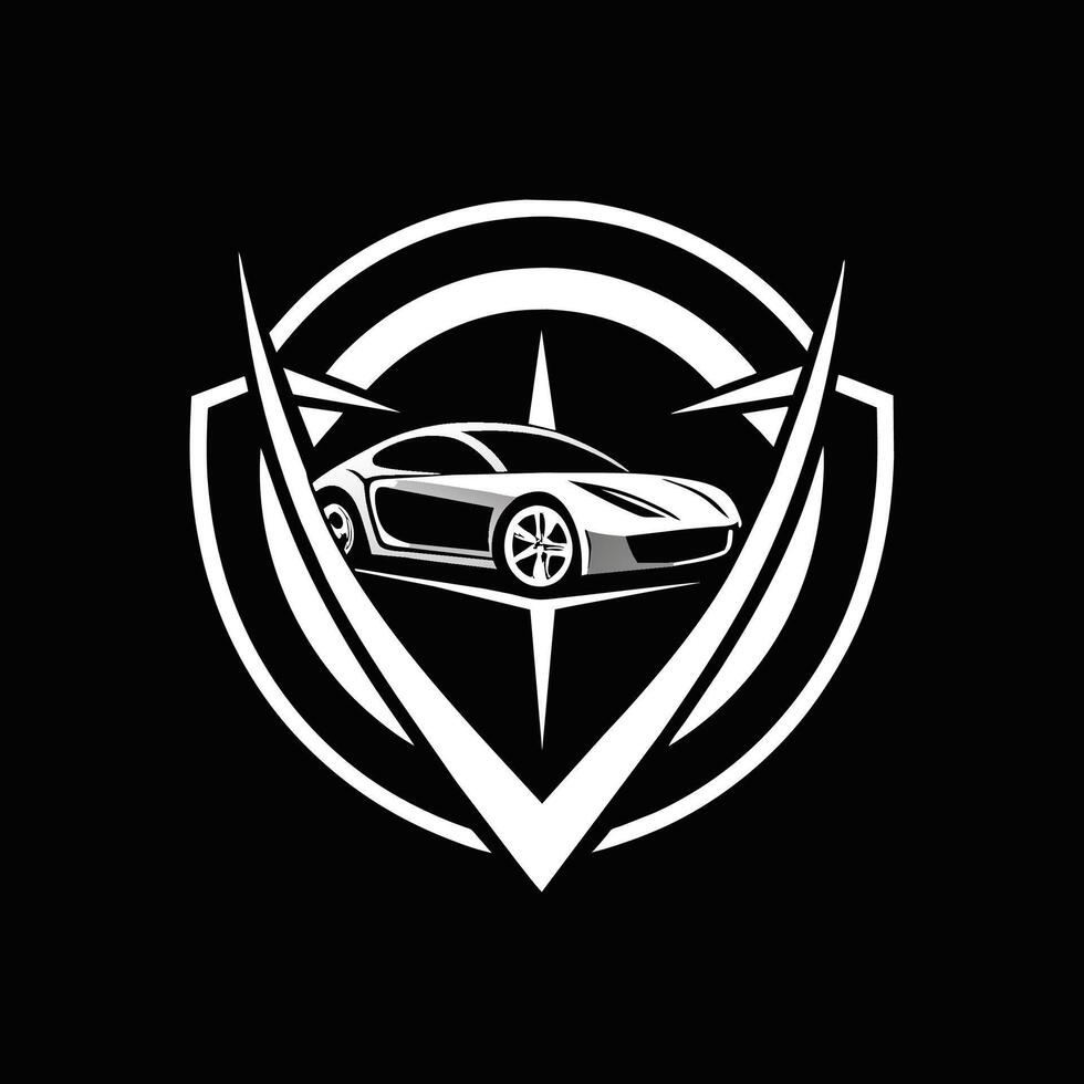 monochroom beeld van een luxe auto het rijden Aan de weg, ontwerp een minimalistische logo voor een luxe auto merk dat straalt uit verfijning vector