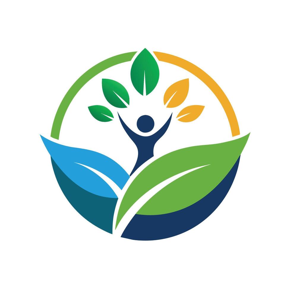 een persoon staand Aan een groot groen blad in een minimalistische instelling, ontwikkelen een minimalistische logo dat vertegenwoordigt de harmonie tussen mensen en natuur vector