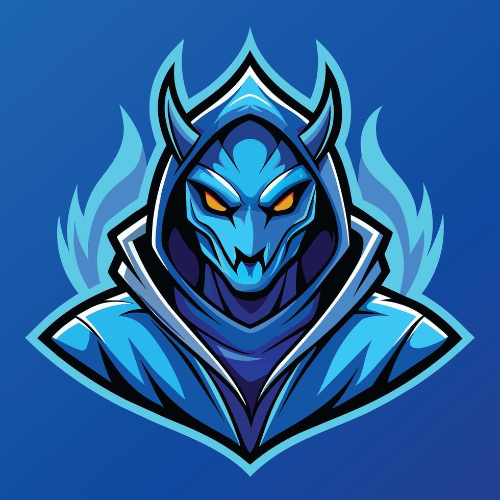 een blauw demon mascotte met vlammen Aan zijn gezicht, vertegenwoordigen een mysterieus krijger voor e-sporten, blauw capuchon mysterieus krijger e-sport mascotte gaming logo vector