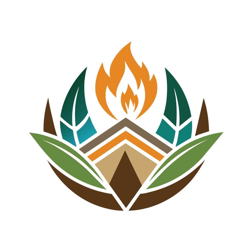 een logo ontwerp voor een bedrijf met een prominent brand element in de centrum, omringd door andere natuurlijk elementen, incorporeren natuurlijk elementen Leuk vinden hout of steen voor warmte en structuur vector