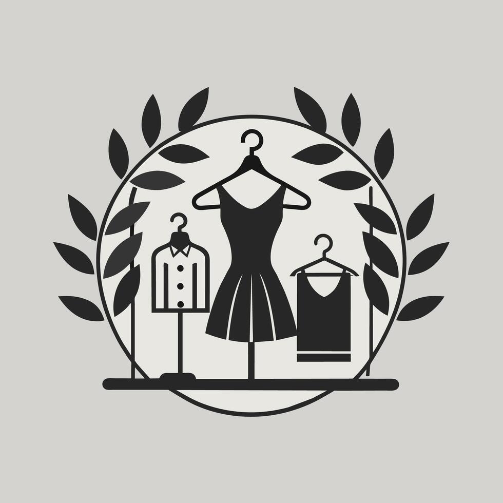 een classy zwart en wit jurk hangende Aan een hanger, presentatie van eenvoud en elegantie, gemakkelijk en elegant branding voor een mode winkel met monochromatisch kleur regeling vector