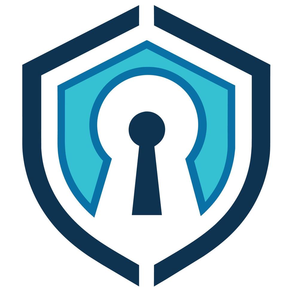 een blauw schild met een sleutel symbool binnen, vertegenwoordigen veiligheid en bescherming, minimalistische afbeelding van een sleutelgat of slot symboliseert privacy en bescherming vector