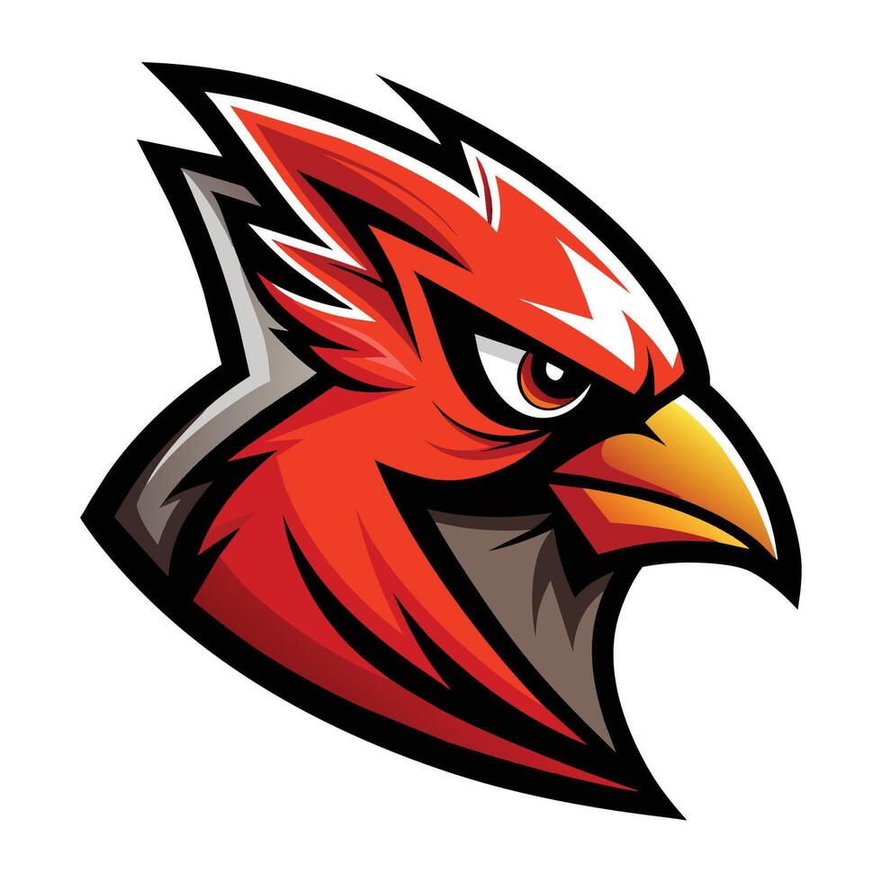 een strak rood en zwart vogel met een helder geel bek neergestreken Aan een tak, strak kardinaal mascotte logo vector