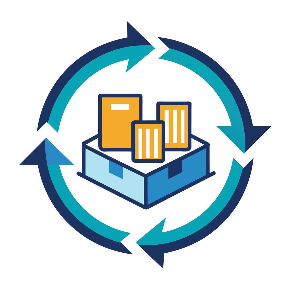 een doos met kleiner dozen met pijlen circulerend in de omgeving van hen in een modern en georganiseerd regeling, een schoon en modern logo incorporeren pijlen naar illustreren de stromen van goederen in logistiek vector