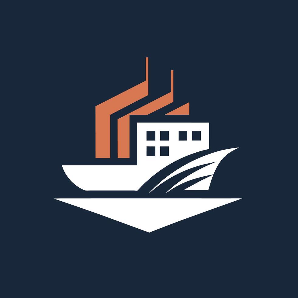 een boot draag- een fabriek Aan haar dek, presentatie van industrieel werkzaamheid Aan de water, gebruik makend van negatief ruimte creatief in een logo voor een Verzending bedrijf vector