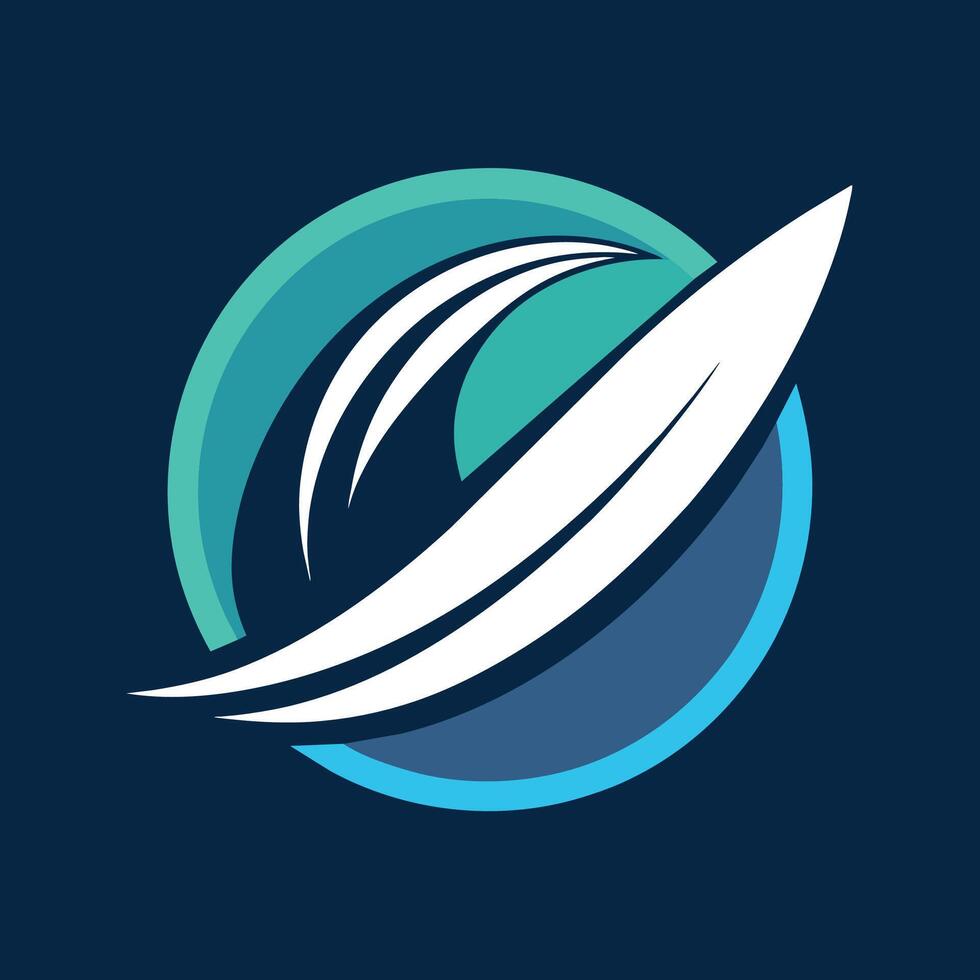 een minimalistische blauw en wit logo met een wit boot in de centrum, een minimalistische logo van een surfboard snijdend door een Golf, minimalistische gemakkelijk modern logo ontwerp vector