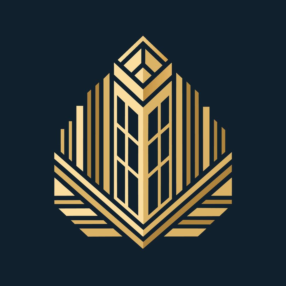 een strak zwart en goud logo ontwerp met een prominent gebouw weergegeven in de centrum, creëren een minimalistische logo met schoon lijnen en meetkundig vormen vector