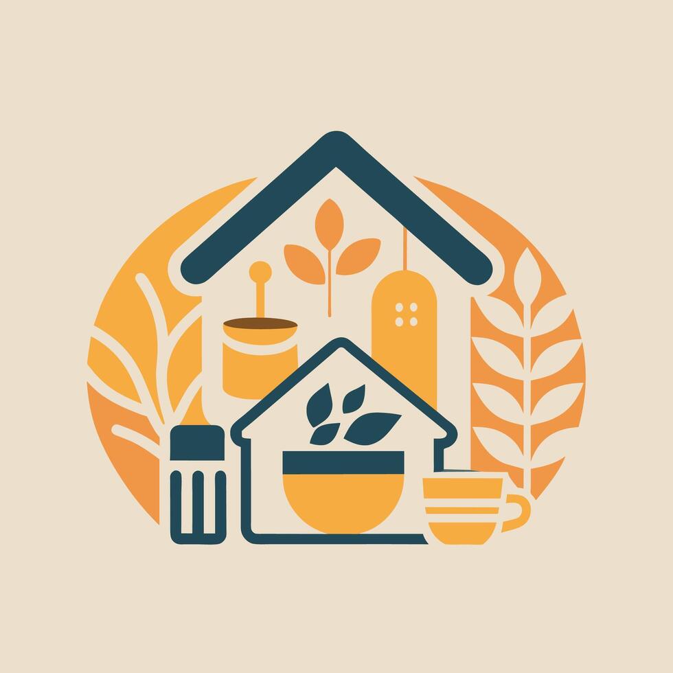 een huis is omringd door divers planten en voorwerpen in een tuin instelling, een opvallende logo dat overbrengt een zin van warmte en gezelligheid voor een familie-eigendom huis goederen op te slaan vector