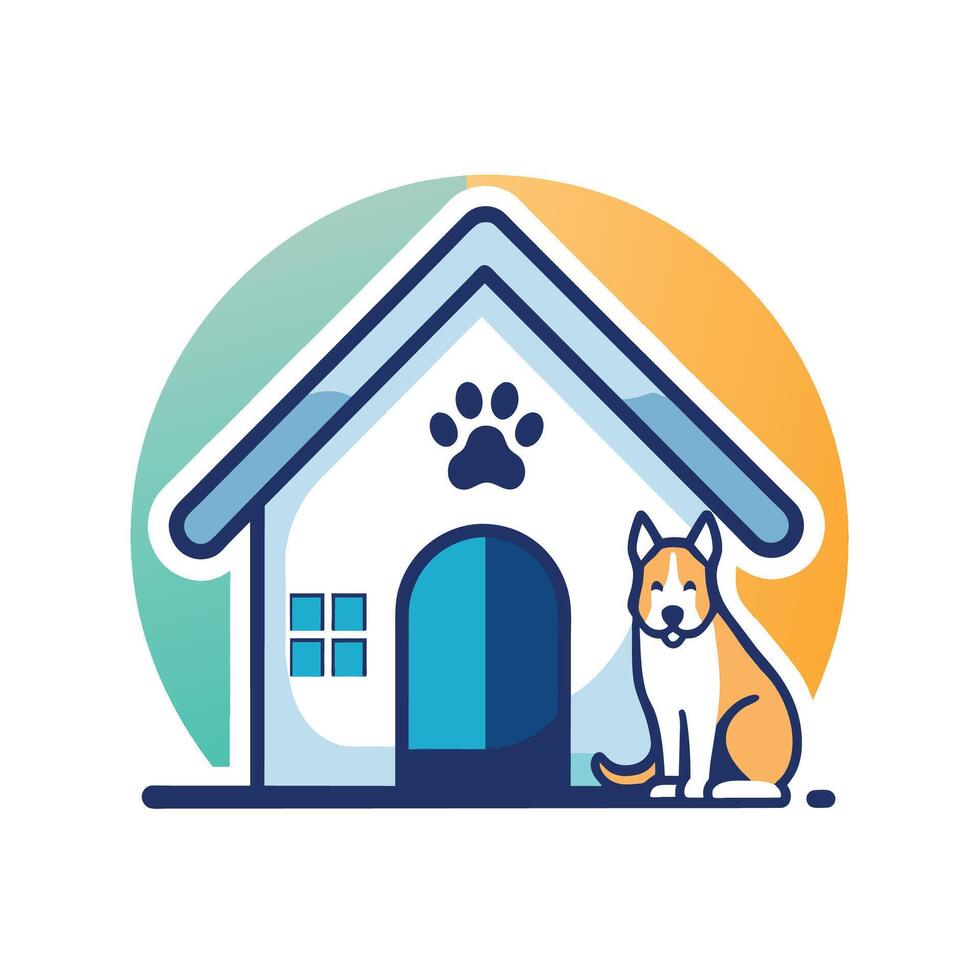 een hond zit gehoorzaam in voorkant van een klein hond huis in een achtertuin instelling, een subtiel knikken naar huisdier zittend met een klein huis icoon, minimalistische gemakkelijk modern logo ontwerp vector