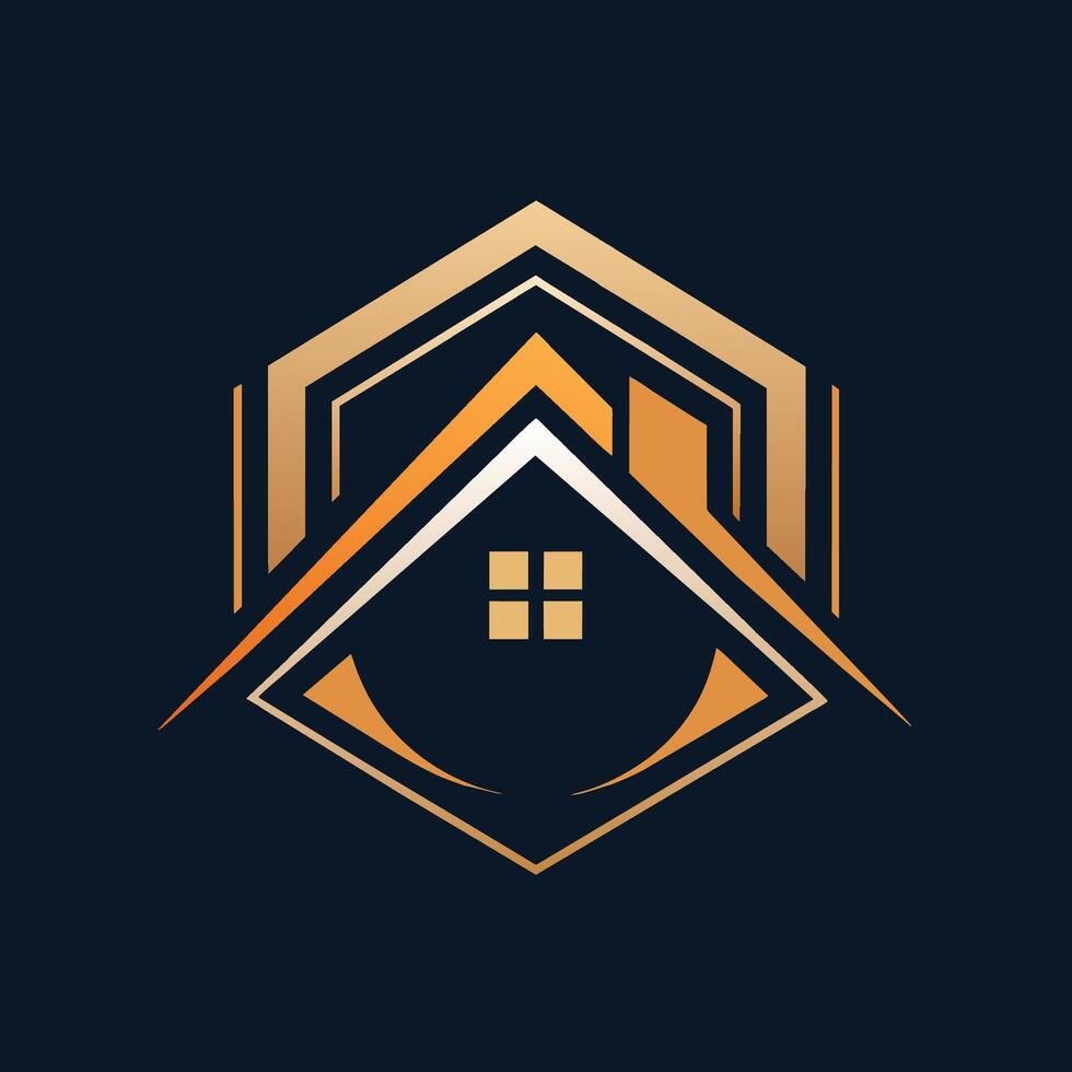 een hedendaags huis gelegen Bij de centrum van een driehoekig vorm geven aan, een strak en geavanceerde logo dat vertegenwoordigt de harmonie en balans van goed ontworpen huis goederen vector