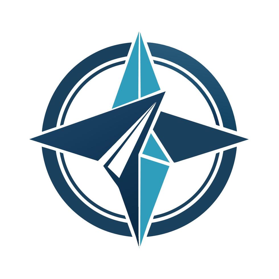 een logo met een blauw en wit ontwerp met een papier vliegtuig motief met elkaar verweven met een kompas, een geavanceerde logo met een kompas en papier vlak silhouet vector