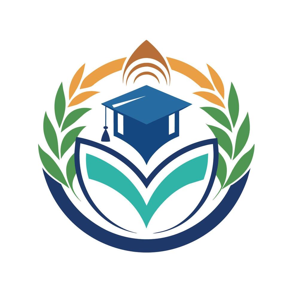 logo ontwerp voor een college met een Mortier pet omringd door bladeren, symboliseert onderwijs en groei, creëren een schoon en minimalistisch logo voor een leerzaam overleg plegen firma vector