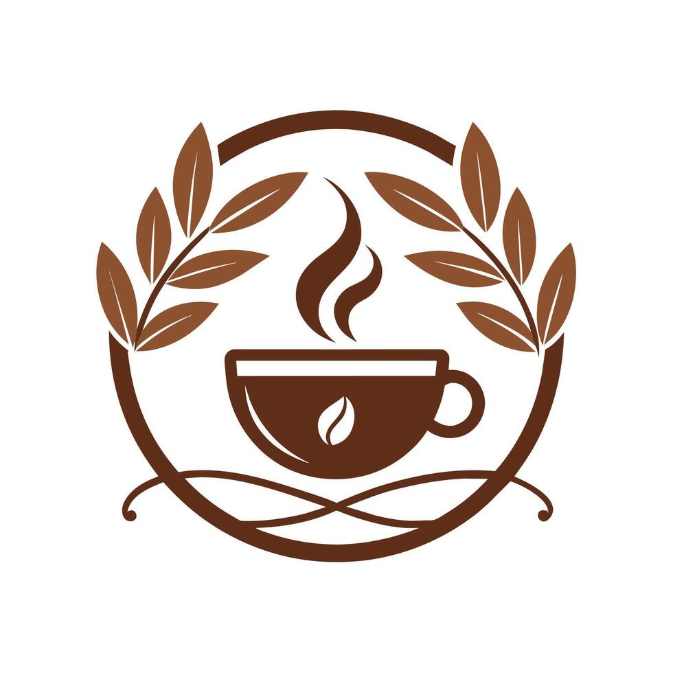 een kop van koffie geplaatst Aan een oppervlakte met groen bladeren verspreide in de omgeving van het, creëren een knus sfeer, ontwikkelen een gemakkelijk en elegant logo voor een fijnproever koffie winkel vector