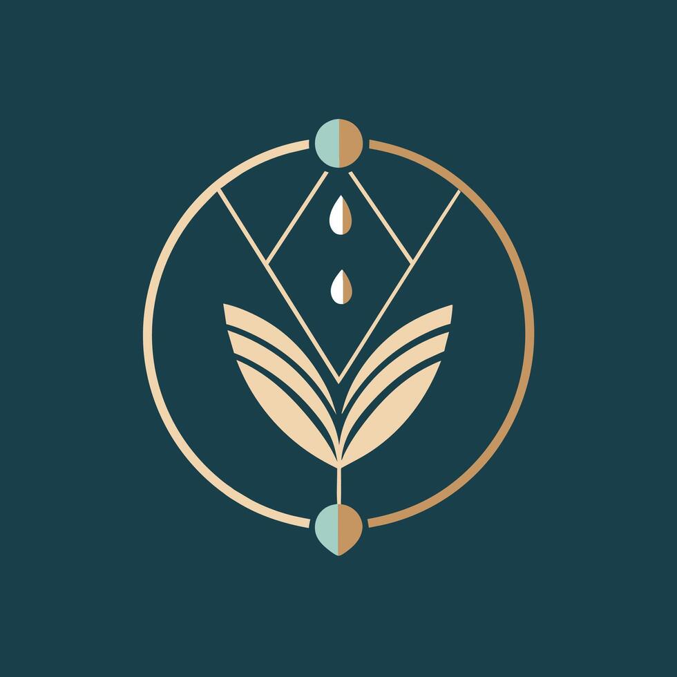 een minimalistische embleem met een cirkel met een blad en twee druppels van water, ontwerp een minimalistische embleem voor een ethisch sieraden merk, minimalistische gemakkelijk modern logo ontwerp vector