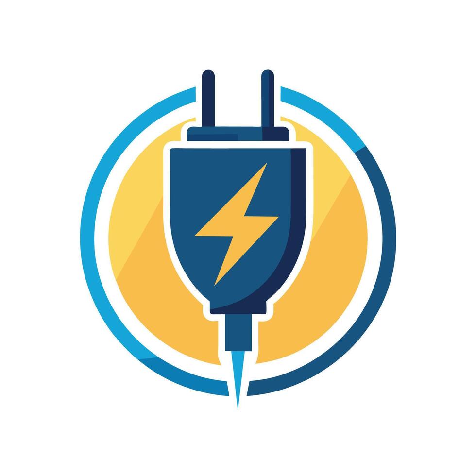 elektrisch oplader in blauw en geel kleuren met een bliksem icoon voor stroomvoorziening apparaten efficiënt, elektrisch logo ontwerp illustratie met plug icoon sjabloon vector