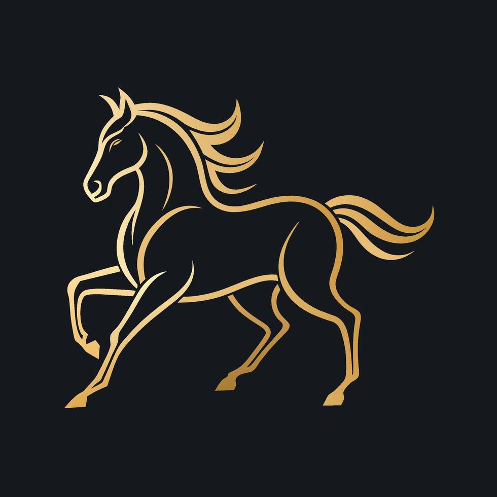 een bevallig gouden paard in beweging tegen een strak zwart achtergrond, elegant lijn kunst beeltenis een paard in beweging, minimalistische gemakkelijk modern logo ontwerp vector