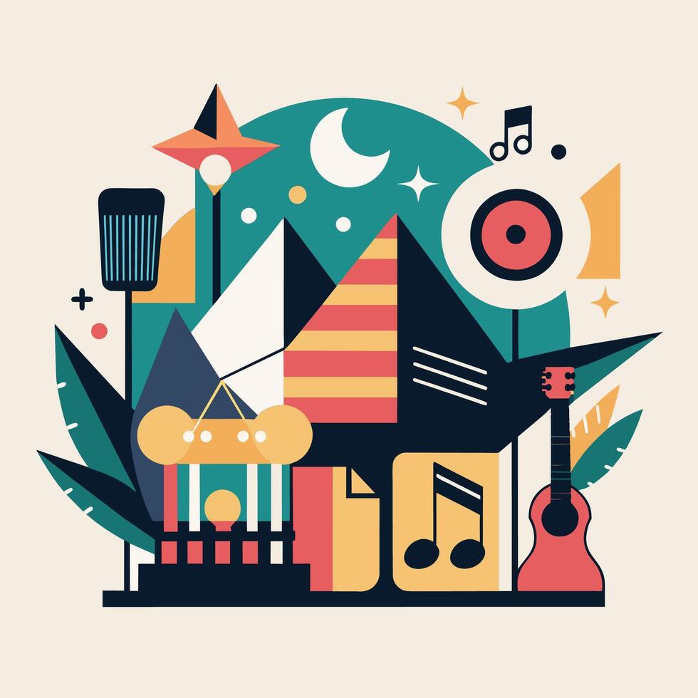 levendig huis met muziek- instrumenten, elegant promotionele materialen voor een muziek- festival, minimalistische gemakkelijk modern logo ontwerp vector