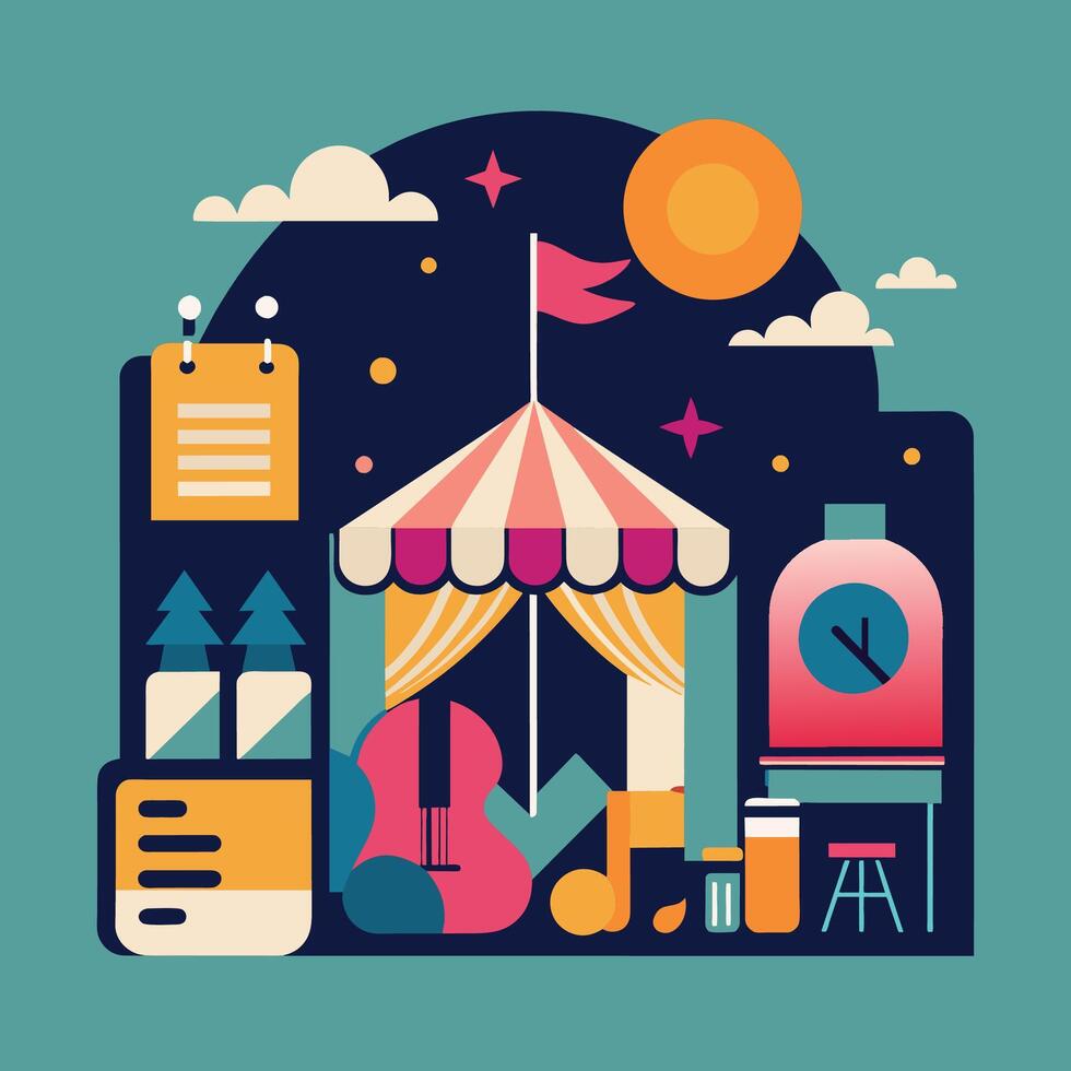 gedetailleerd illustratie van een kleurrijk carnaval tent met divers drankjes Aan Scherm, elegant promotionele materialen voor een muziek- festival, minimalistische gemakkelijk modern logo ontwerp vector