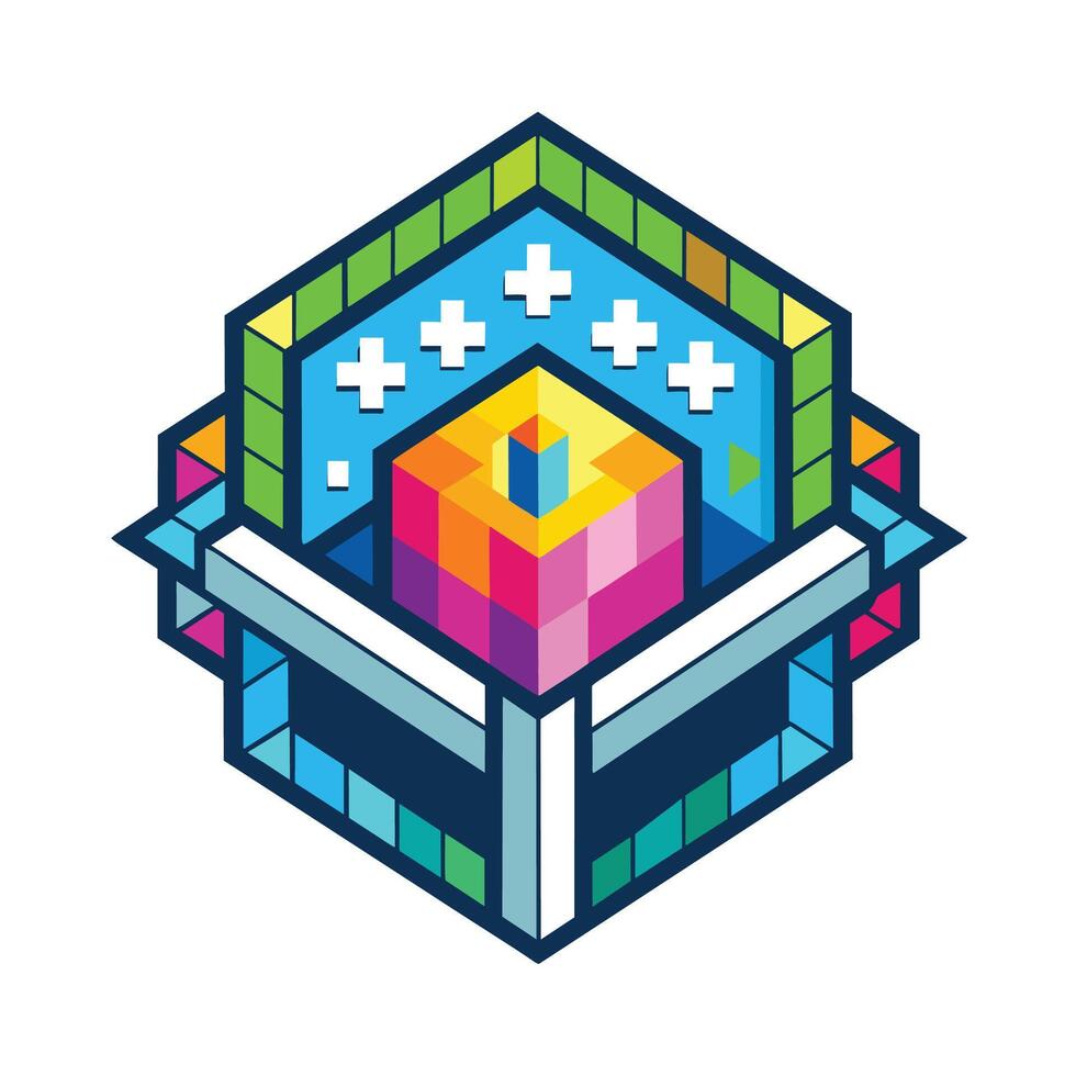 een kubus versierd met levendig kleuren en een prominent kruis ontwerp, pixel technologie logo ontwerpen concept vector