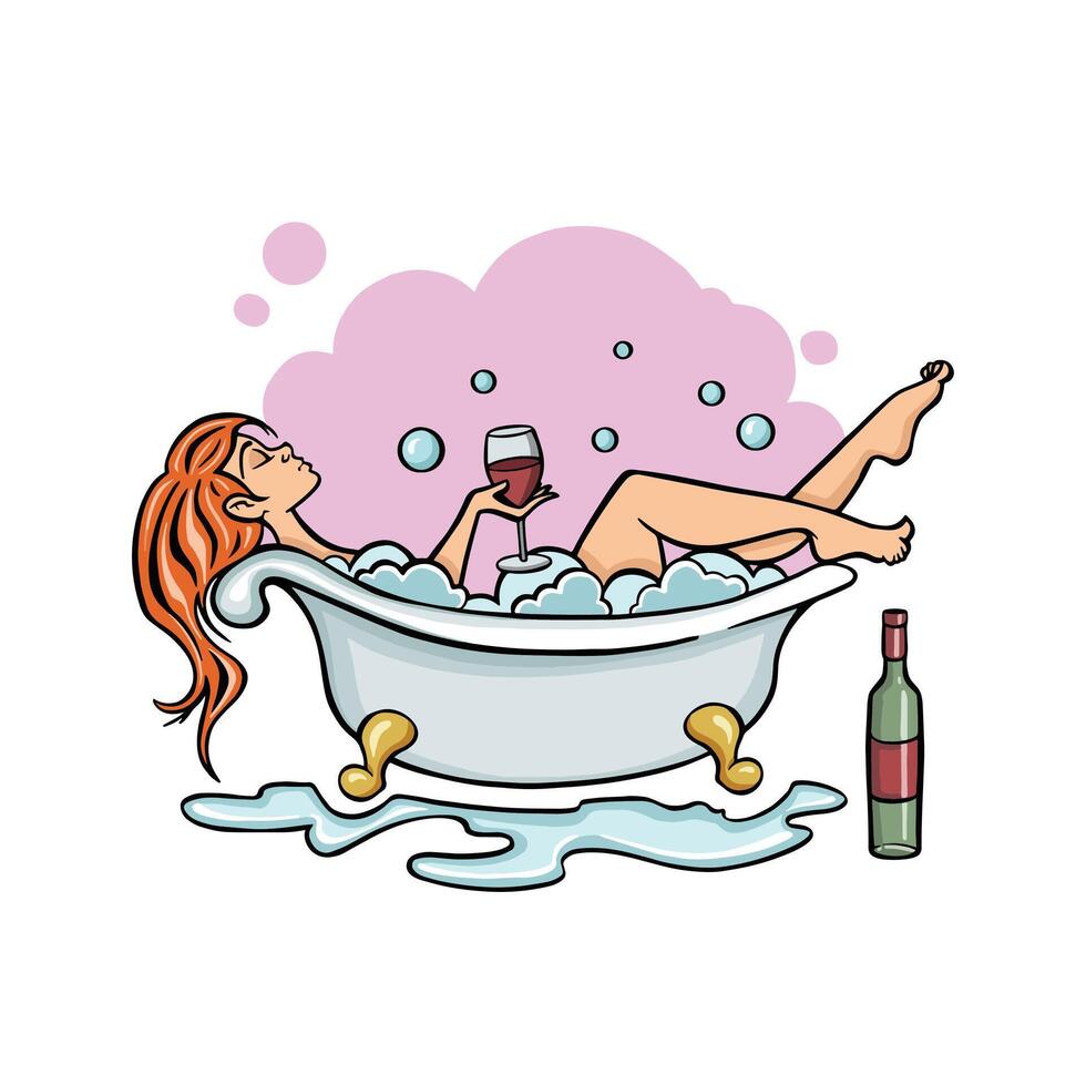 vrouw hebben bad in bad met wijn glas en bubbel. meisje ontspannende in shampoo zeep nemen douche. lichaam zorg hygiëne, gezond levensstijl. vector