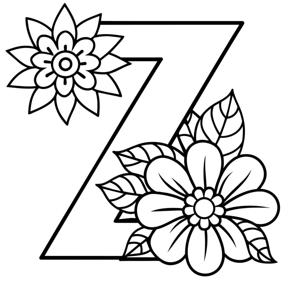 alfabet z kleur bladzijde met de bloem, z brief digitaal schets bloemen kleur bladzijde, abc kleur bladzijde vector