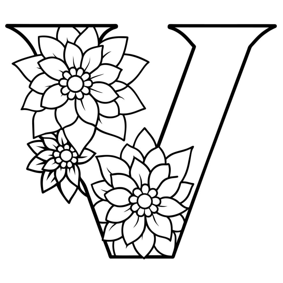 alfabet v kleur bladzijde met de bloem, v brief digitaal schets bloemen kleur bladzijde, abc kleur bladzijde vector