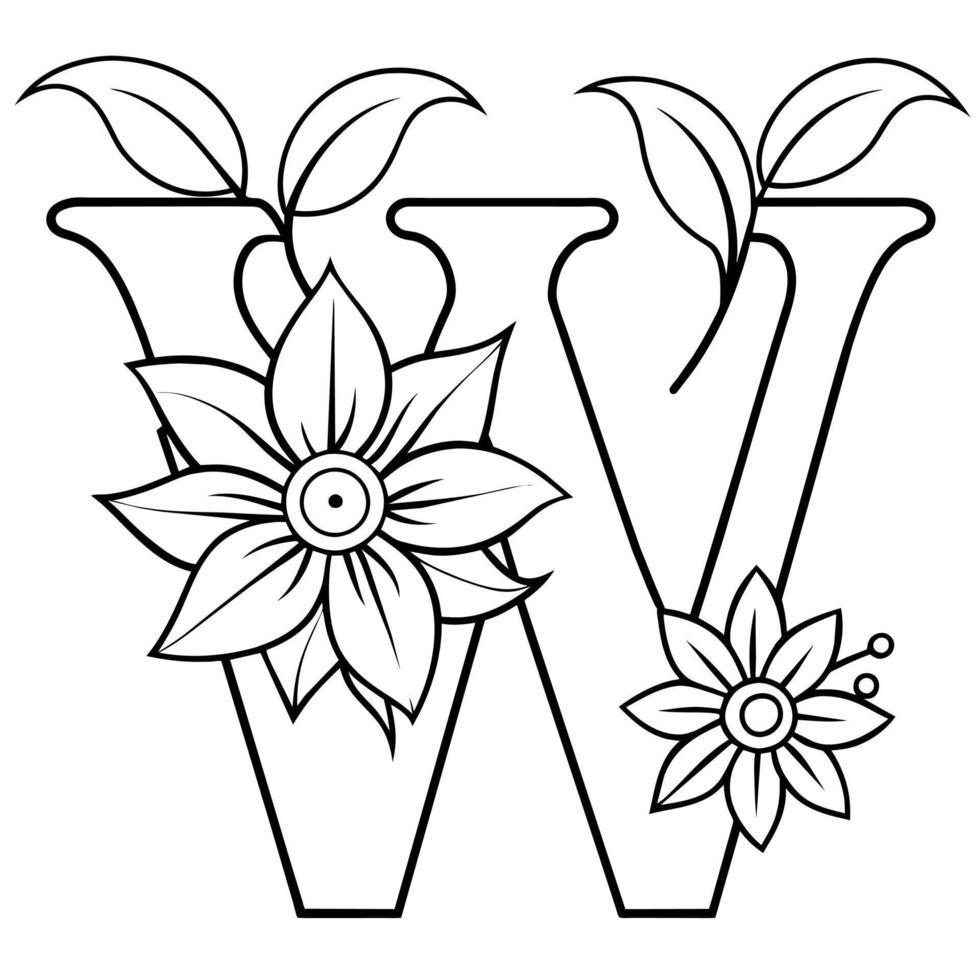 alfabet w kleur bladzijde met de bloem, w brief digitaal schets bloemen kleur bladzijde, abc kleur bladzijde vector