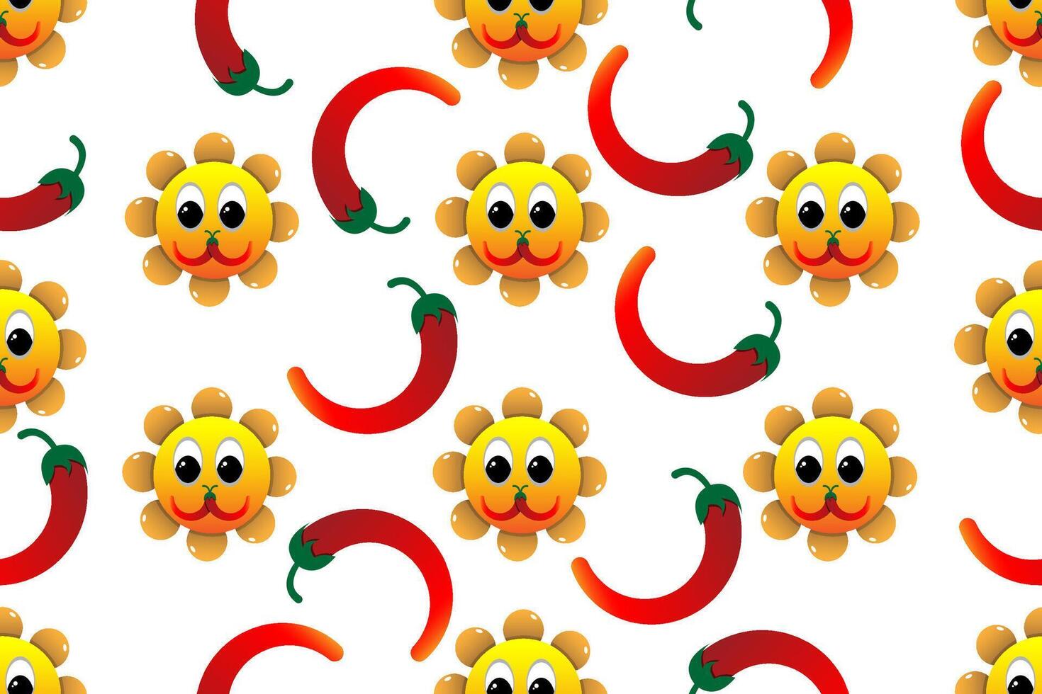 naadloos patroon tegel tekenfilm met zon bloemen en rood Chili illustratie. rood Chili en zon bloemen grappig decoratief patroon ornament achtergrond. vector