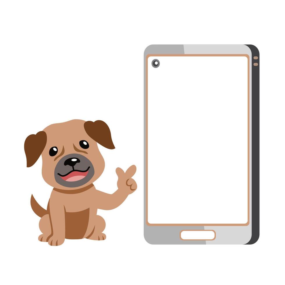 tekenfilm karakter schattig bruin hond en smartphone vector