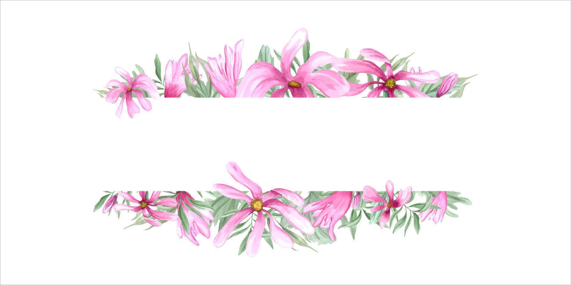 abstract roze bloemen. groen bladeren en magnolia bloemen. oleander takken. horizontaal romantisch kader met kopiëren ruimte voor tekst. waterverf illustratie. voor ansichtkaarten, uitnodiging, hartelijk groeten. vector