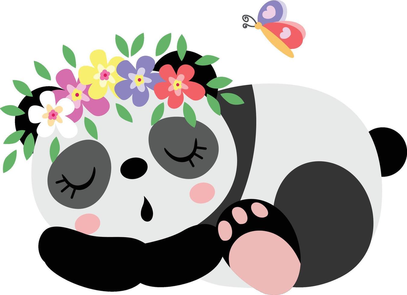 schattig panda slapen met krans bloemen Aan hoofd vector