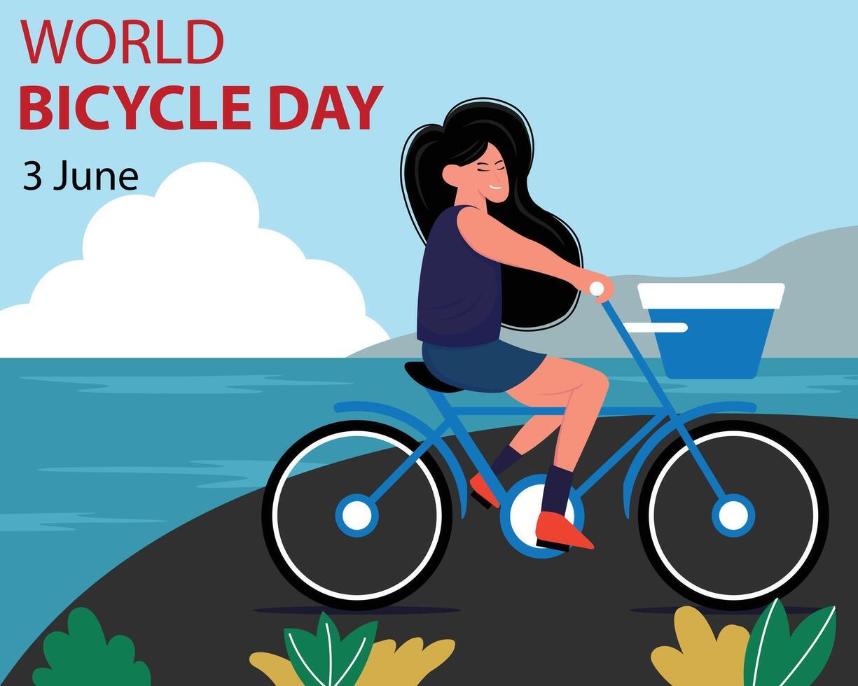 illustratie grafisch van een vrouw rijden een fiets Aan de strand, perfect voor Internationale dag, wereld fiets dag, vieren, groet kaart, enz. vector