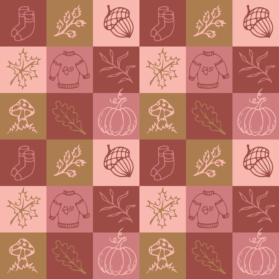 herfst naadloos patroon in tekening stijl. meetkundig patroon met herfst bladeren, pompoen, warm kleren en champignons. illustratie vector