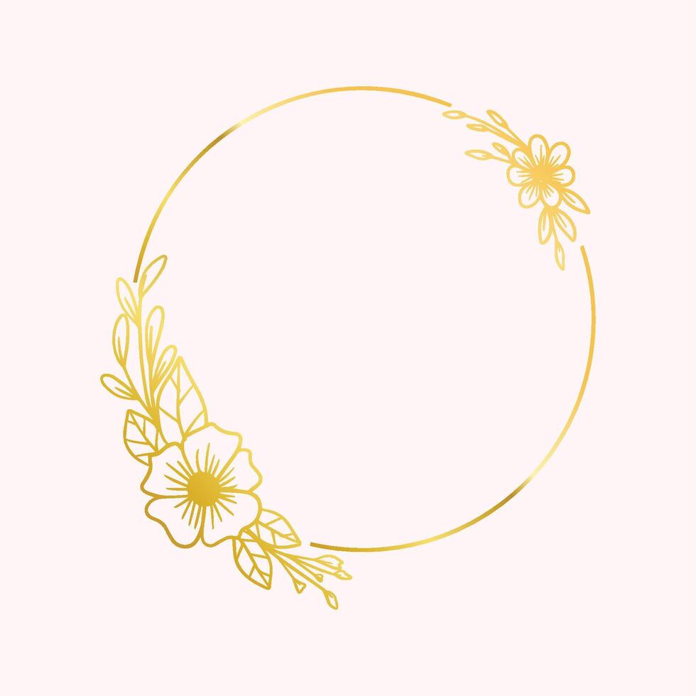 goud cirkel bloemen kader met hand- getrokken bladeren en bloem decoratie vector