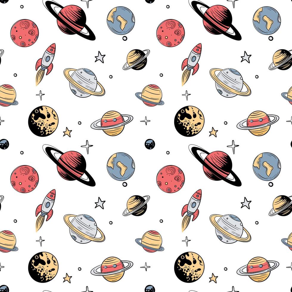 naadloos patroon met ruimte elementen. ruimte achtergronden. hand- getrokken planeten en sterren. vector