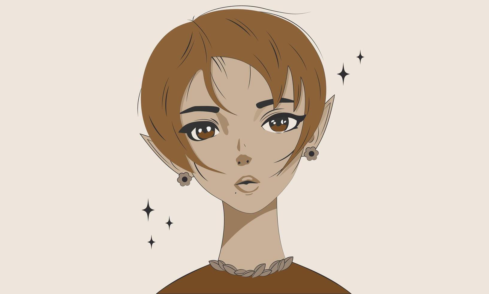 anime meisje aan het kijken. schattig manga elf karakter met kort haar.japans hand- getrokken stijl.mooi jong vrouw gezicht met groot ogen en puntig oren in manga stijl. t-shirt Japan afdrukken eps 10. vector