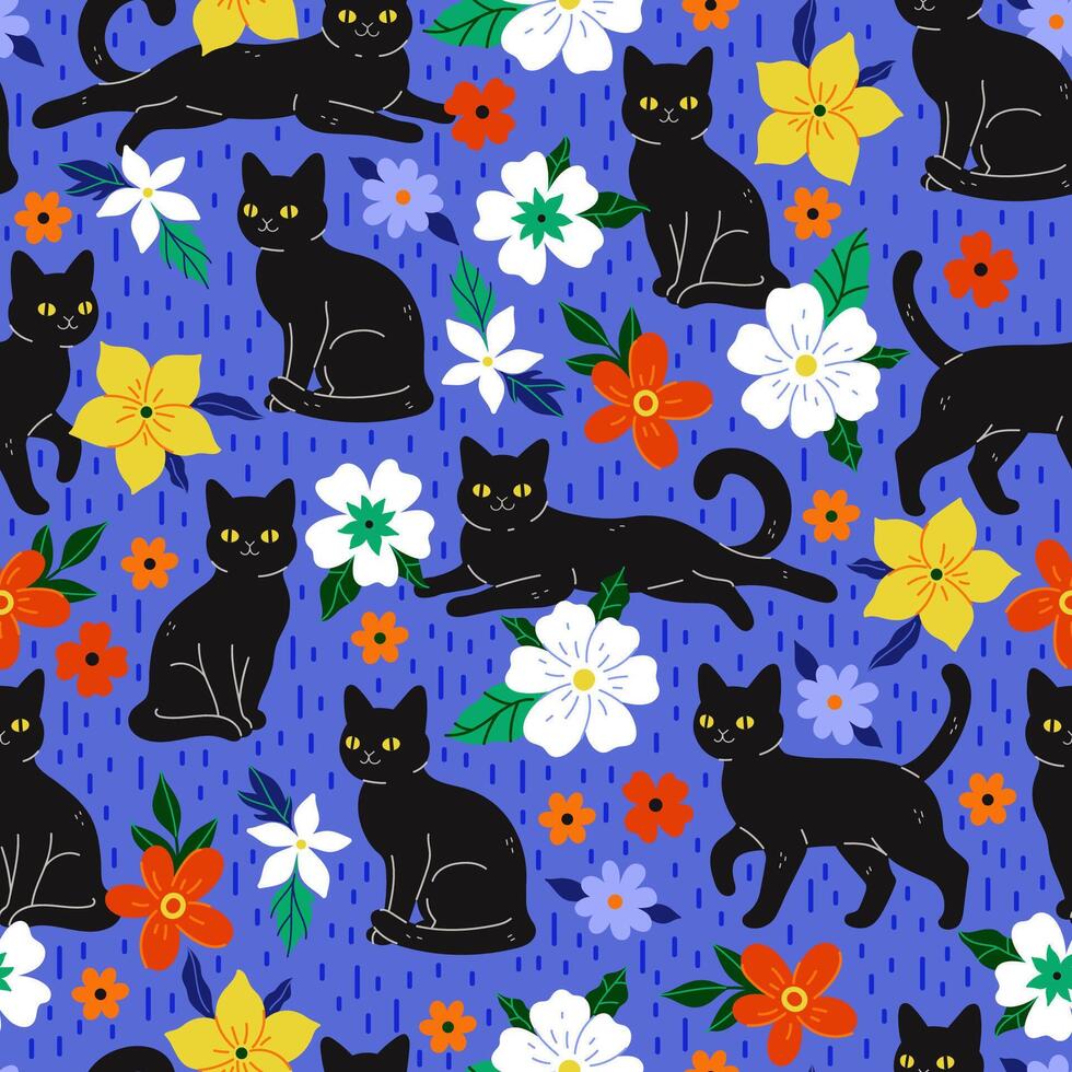 helder naadloos patroon met schattig zwart katten en bloemen. grafiek. vector