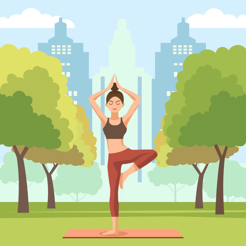 vrouw is beoefenen yoga houding sport meditatie in stad park met stadsgezicht gebouw vector