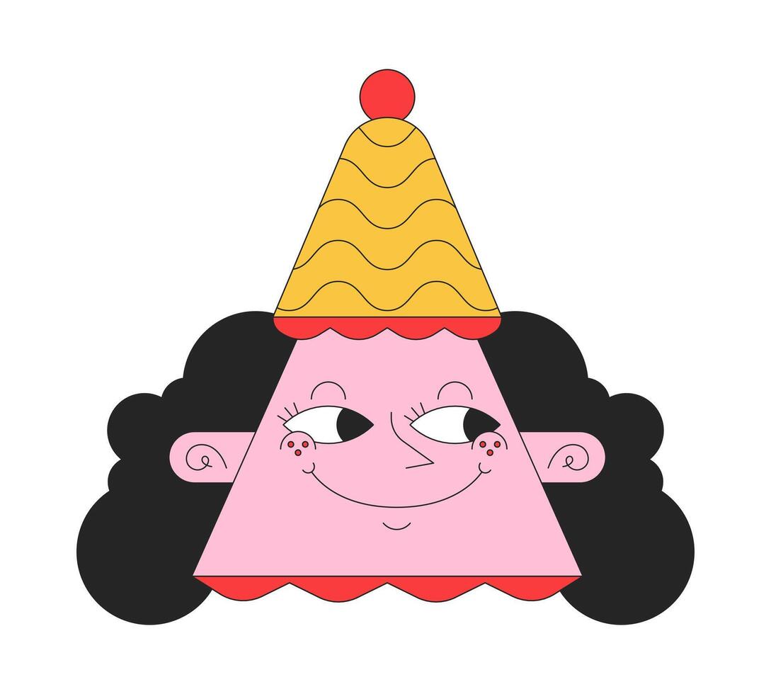 driehoek vrouw grappig hoed 2d lineair avatar illustratie. ondeugend glimlachen vrouw tekenfilm karakter gezicht. driehoekig hoofd portret. grijns verheugd dame vlak kleur gebruiker profiel beeld geïsoleerd vector